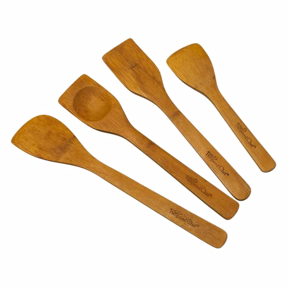 Pampered Chef Bamboo Spatula & Cooking Spoon Set 4-Piece Brown Reusable